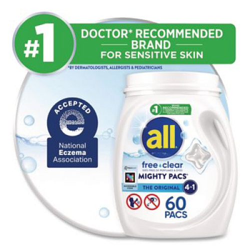 All MIGHTY PACS Free Clear HE Laundry Detergent, 60 Pods/Tub, 4 Tubs/Carton (46880)