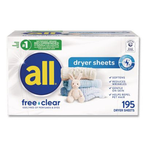 All Free Clear Dryer Sheets, Fragrance Free, 195 Sheets/Packs, 6 Packs/Carton (47362)