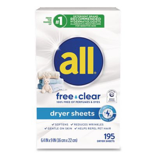 All Free Clear Dryer Sheets, Fragrance Free, 195 Sheets/Packs, 6 Packs/Carton (47362)