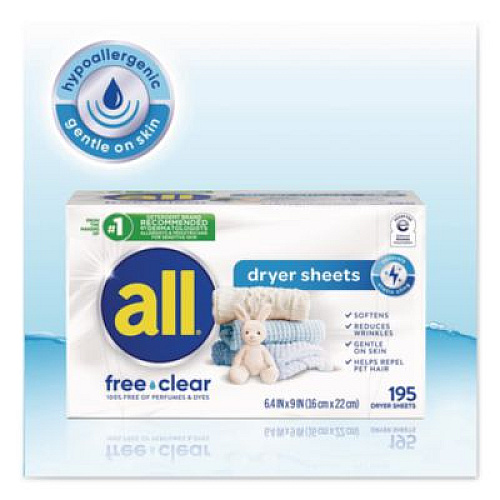 All Free Clear Dryer Sheets, Fragrance Free, 195 Sheets/Packs, 6 Packs/Carton (47362)