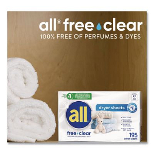 All Free Clear Dryer Sheets, Fragrance Free, 195 Sheets/Packs, 6 Packs/Carton (47362)