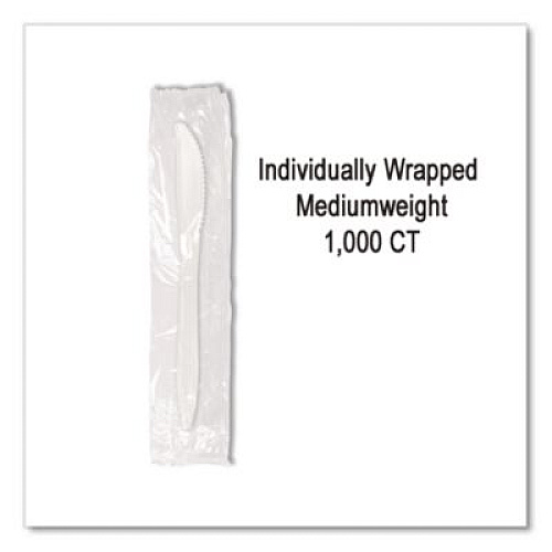 Berkley Square Individually Wrapped Mediumweight Cutlery, Knife, Plastic, White, 1,000/Carton (1101000)