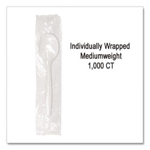 Berkley Square Individually Wrapped Mediumweight Cutlery, Soup Spoon, Plastic, White, 1,000/Carton (1104000)