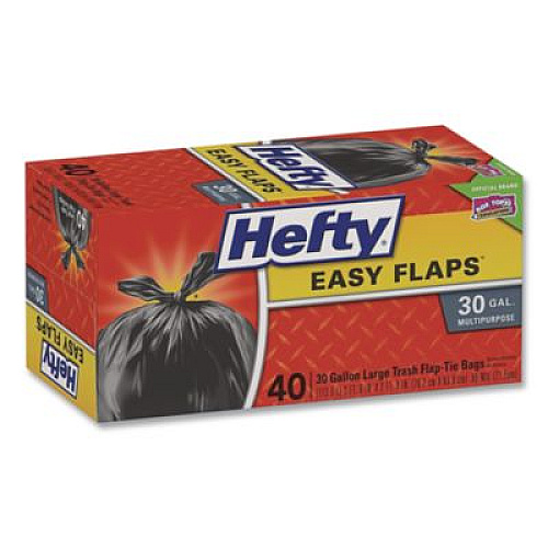 Hefty Easy Flaps Trash Bags, Tie-Flap, 30 gal, 0.85 mil, 30" x 33", Black, 40 Bags/Box, 6 Boxes/Carton (E27744CT)