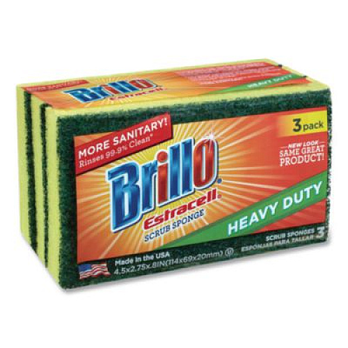 Brillo Estracell Heavy Duty Scrub Sponge, 4.5 x 2.75, 0.8" Thick, Yellow/Green, 3 Sponges/Pack, 8 Packs/Carton (21031)