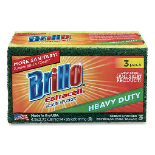 Brillo Estracell Heavy Duty Scrub Sponge, 4.5 x 2.75, 0.8" Thick, Yellow/Green, 3 Sponges/Pack, 8 Packs/Carton (21031)