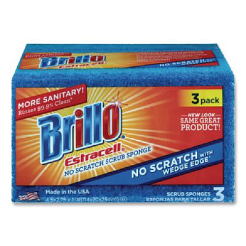 Brillo Estracell No Scratch Kitchen Sponges, 4.5 x 2.75, 1" Thick, Blue, 3 Sponges/Pack, 8 Packs/Carton (21034)