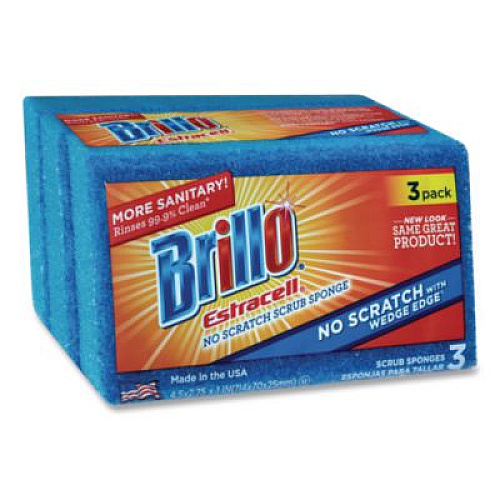 Brillo Estracell No Scratch Kitchen Sponges, 4.5 x 2.75, 1" Thick, Blue, 3 Sponges/Pack, 8 Packs/Carton (21034)