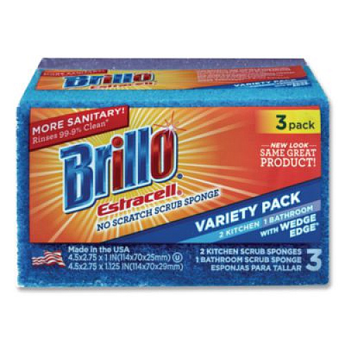 Brillo Estracell Scrub Sponge Variety Pack, 1 Bath, 2 Kitchen, 4.5 x 2.75, 1.12" Thick, Blue/Purple/White, 3/Pack, 8 Packs/Carton (21035)