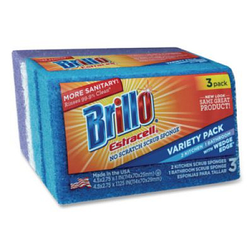 Brillo Estracell Scrub Sponge Variety Pack, 1 Bath, 2 Kitchen, 4.5 x 2.75, 1.12" Thick, Blue/Purple/White, 3/Pack, 8 Packs/Carton (21035)