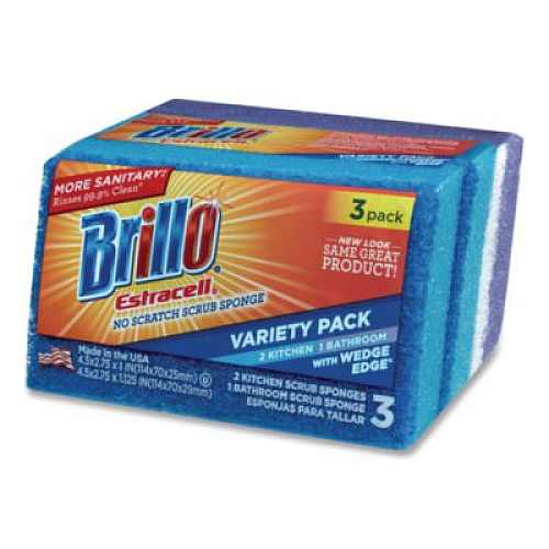 Brillo Estracell Scrub Sponge Variety Pack, 1 Bath, 2 Kitchen, 4.5 x 2.75, 1.12" Thick, Blue/Purple/White, 3/Pack, 8 Packs/Carton (21035)