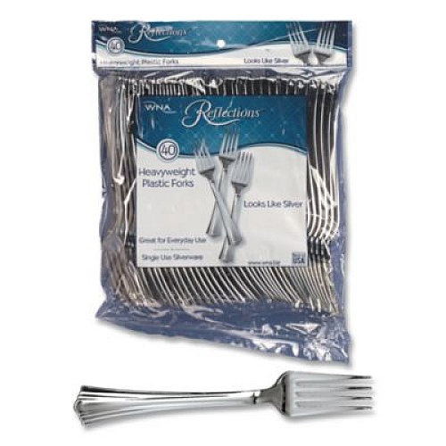 WNA Reflections Heavyweight Plastic Utensils, Fork, Silver, 40/Pack, 8 Packs/Carton (REF320FK)