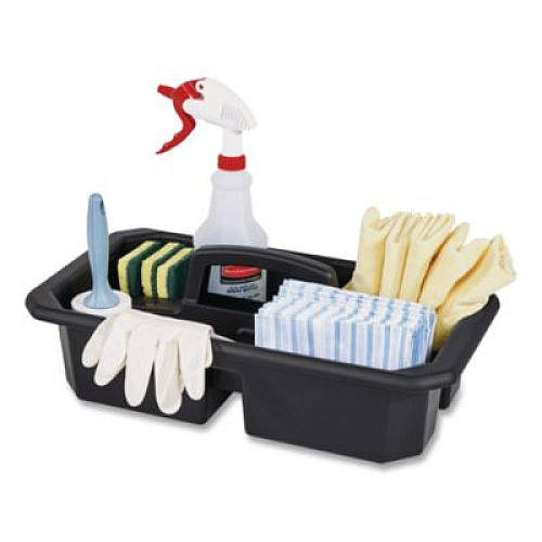 Rubbermaid Commercial Cleaning Caddy, Compatible with Full Size and Compact Housekeeping Carts, Plastic, Black, 6/Carton (2202586)