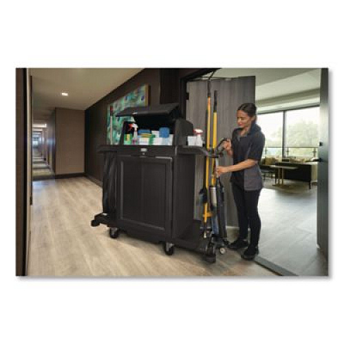 Rubbermaid Commercial Housekeeping Cart with Hood and Doors, Plastic, 4 Shelves,1 Bin, 24.4 x 62.4 x 56.9, Black (2202587)