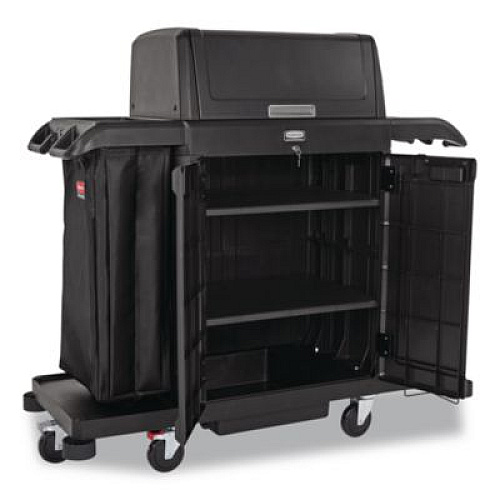 Rubbermaid Commercial Housekeeping Cart with Hood and Doors, Plastic, 4 Shelves,1 Bin, 24.4 x 62.4 x 56.9, Black (2202587)