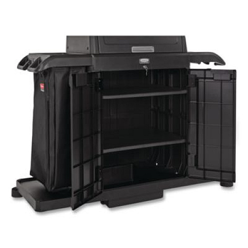 Rubbermaid Commercial Housekeeping Cart with Hood and Doors, Plastic, 4 Shelves,1 Bin, 24.4 x 62.4 x 56.9, Black (2202587)
