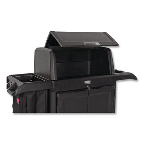 Rubbermaid Commercial Housekeeping Cart with Hood and Doors, Plastic, 4 Shelves,1 Bin, 24.4 x 62.4 x 56.9, Black (2202587)