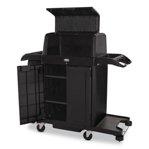 Rubbermaid Commercial Housekeeping Cart with Hood and Doors, Plastic, 4 Shelves,1 Bin, 24.4 x 62.4 x 56.9, Black (2202587)