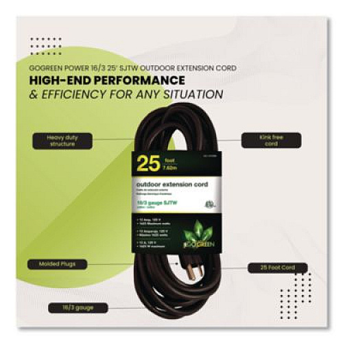 GoGreen Power 16 AWG Outdoor Extension Cord, 25 ft, 13 A, Black (13725BK)
