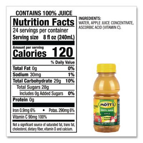 Mott's 100% Original Apple Juice, Apple, 8 oz Bottle, 24/Carton (22002660)