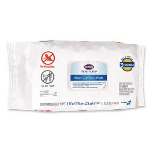 Clorox Healthcare Bleach Germicidal Wipes, Disinfectant Wipes, 1-Ply, 6.75 x 9, Unscented, White, 100 Wipes/Flex-Pack, 6 Flex-Packs/Carton (32621)