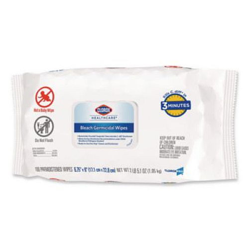 Clorox Healthcare Bleach Germicidal Wipes, Disinfectant Wipes, 1-Ply, 6.75 x 9, Unscented, White, 100 Wipes/Flex-Pack, 6 Flex-Packs/Carton (32621)