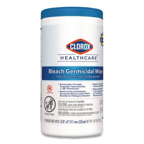 Clorox Healthcare Bleach Germicidal Wipes, 1-Ply, 6.75 x 9, Unscented, White, 70/Canister, 6 Canisters/Carton (35309CT)