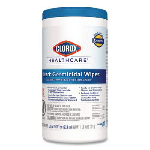 Clorox Healthcare Bleach Germicidal Wipes, 1-Ply, 6.75 x 9, Unscented, White, 70/Canister, 6 Canisters/Carton (35309CT)