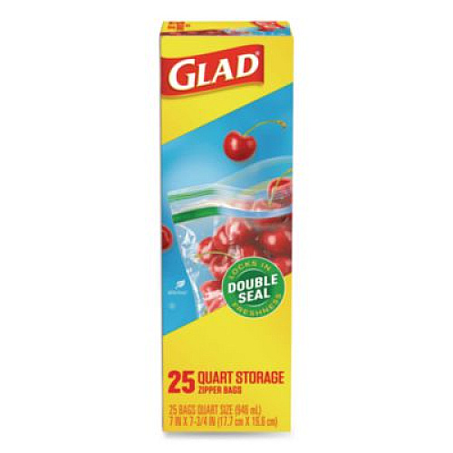 Glad Zipper Food Storage Plastic Bags, Quart Size, 7.75 x 7, Clear, 25 Bags/Box, 12 Boxes/Carton (55052)