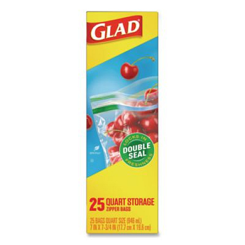 Glad Zipper Food Storage Plastic Bags, Quart Size, 7.75 x 7, Clear, 25 Bags/Box, 12 Boxes/Carton (55052)