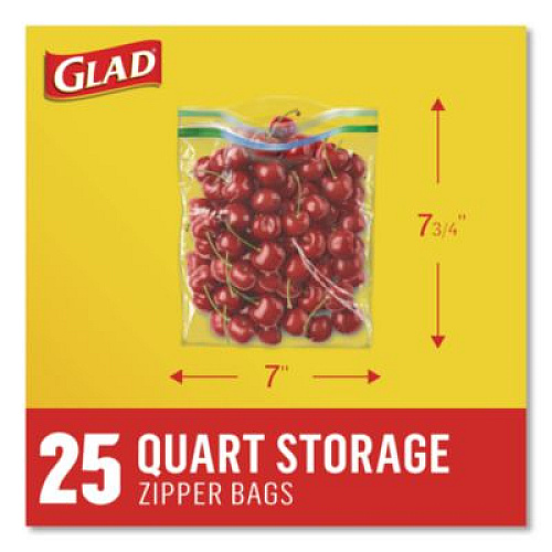 Glad Zipper Food Storage Plastic Bags, Quart Size, 7.75 x 7, Clear, 25 Bags/Box, 12 Boxes/Carton (55052)