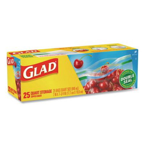 Glad Zipper Food Storage Plastic Bags, Quart Size, 7.75 x 7, Clear, 25 Bags/Box, 12 Boxes/Carton (55052)