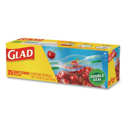 Glad Zipper Food Storage Plastic Bags, Quart Size, 7.75 x 7, Clear, 25 Bags/Box, 12 Boxes/Carton (55052)