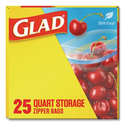 Glad Zipper Food Storage Plastic Bags, Quart Size, 7.75 x 7, Clear, 25 Bags/Box, 12 Boxes/Carton (55052)