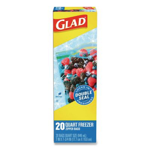 Glad Zipper Food Storage Plastic Bags, Freezer Bags, Quart Size, 7.75 x 8.44, Clear, 20 Bags/Box, 12 Boxes/Carton (57035)