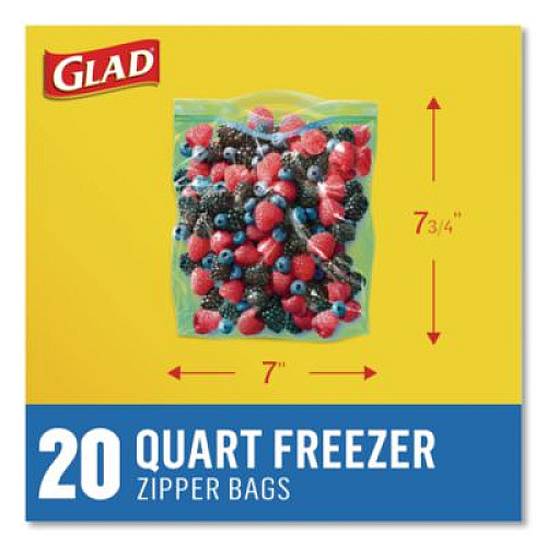 Glad Zipper Food Storage Plastic Bags, Freezer Bags, Quart Size, 7.75 x 8.44, Clear, 20 Bags/Box, 12 Boxes/Carton (57035)