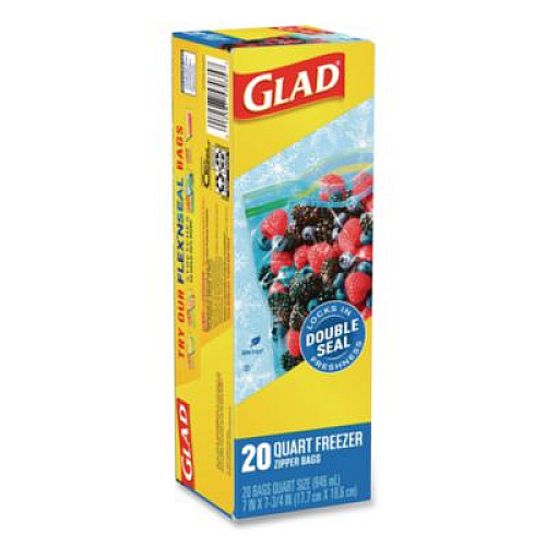 Glad Zipper Food Storage Plastic Bags, Freezer Bags, Quart Size, 7.75 x 8.44, Clear, 20 Bags/Box, 12 Boxes/Carton (57035)