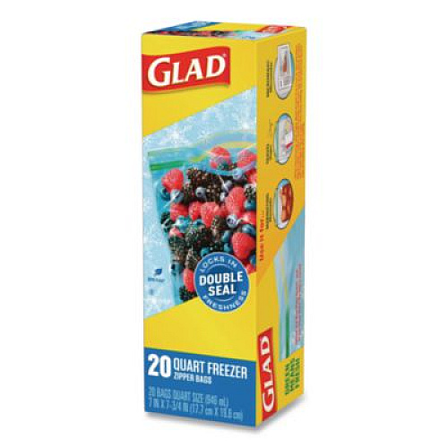 Glad Zipper Food Storage Plastic Bags, Freezer Bags, Quart Size, 7.75 x 8.44, Clear, 20 Bags/Box, 12 Boxes/Carton (57035)