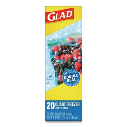 Glad Zipper Food Storage Plastic Bags, Freezer Bags, Quart Size, 7.75 x 8.44, Clear, 20 Bags/Box, 12 Boxes/Carton (57035)