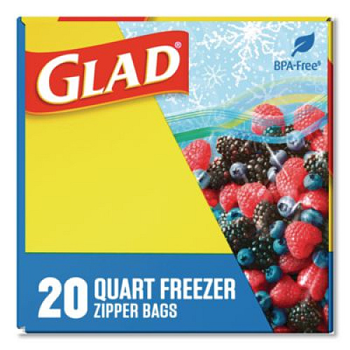 Glad Zipper Food Storage Plastic Bags, Freezer Bags, Quart Size, 7.75 x 8.44, Clear, 20 Bags/Box, 12 Boxes/Carton (57035)