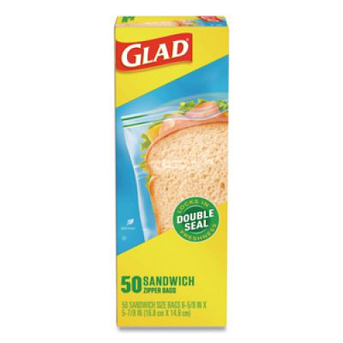 Glad Zipper Food Storage Plastic Sandwich Bags, 6.63 x 5.88, Clear, 50 Bags/Box, 12 Boxes/Carton (57263)
