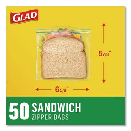 Glad Zipper Food Storage Plastic Sandwich Bags, 6.63 x 5.88, Clear, 50 Bags/Box, 12 Boxes/Carton (57263)
