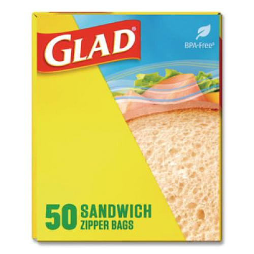 Glad Zipper Food Storage Plastic Sandwich Bags, 6.63 x 5.88, Clear, 50 Bags/Box, 12 Boxes/Carton (57263)