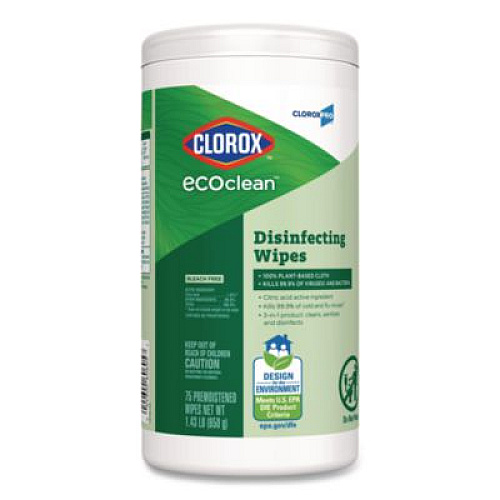 CloroxPro EcoClean Disinfecting Wipes, 1-Ply, 8 x 7, Unscented, White, 75 Count, 6/Carton (60605CT)
