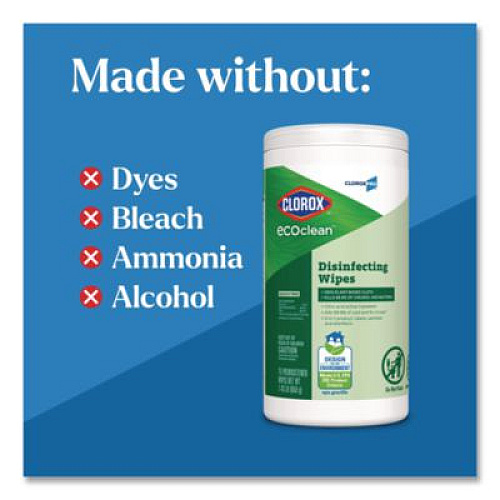 CloroxPro EcoClean Disinfecting Wipes, 1-Ply, 8 x 7, Unscented, White, 75 Count, 6/Carton (60605CT)