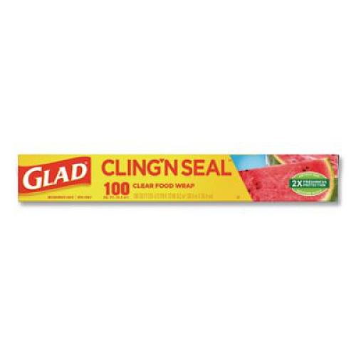 Glad Cling'N Seal Plastic Food Wrap, 12" x 33.3 yd, 100 sq ft Roll, 16 Rolls/Carton (60684)