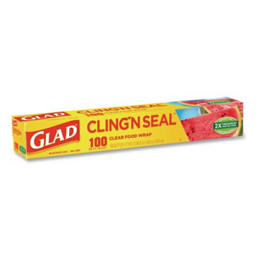 Glad Cling'N Seal Plastic Food Wrap, 12" x 33.3 yd, 100 sq ft Roll, 16 Rolls/Carton (60684)
