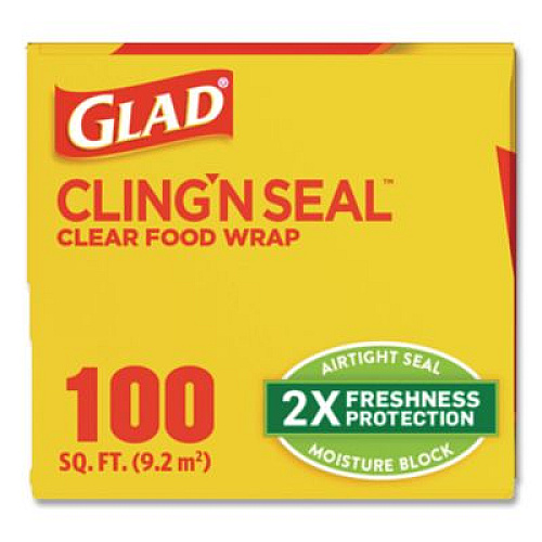 Glad Cling'N Seal Plastic Food Wrap, 12" x 33.3 yd, 100 sq ft Roll, 16 Rolls/Carton (60684)
