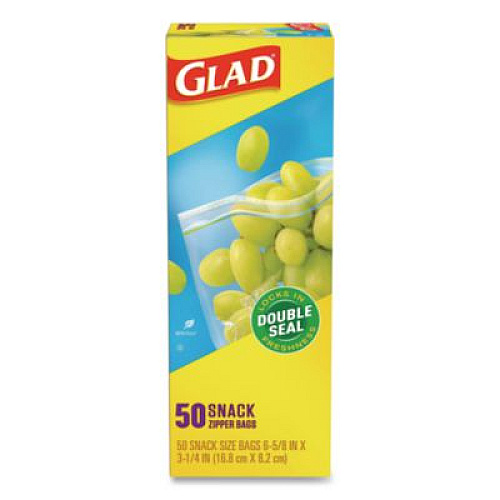 Glad Zipper Food Storage Plastic Bags, Snack Size, 3.25 x 6.63 x 9.31, Clear, 50 Bags/Box, 12 Boxes/Carton (60741)