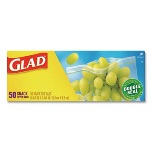 Glad Zipper Food Storage Plastic Bags, Snack Size, 3.25 x 6.63 x 9.31, Clear, 50 Bags/Box, 12 Boxes/Carton (60741)